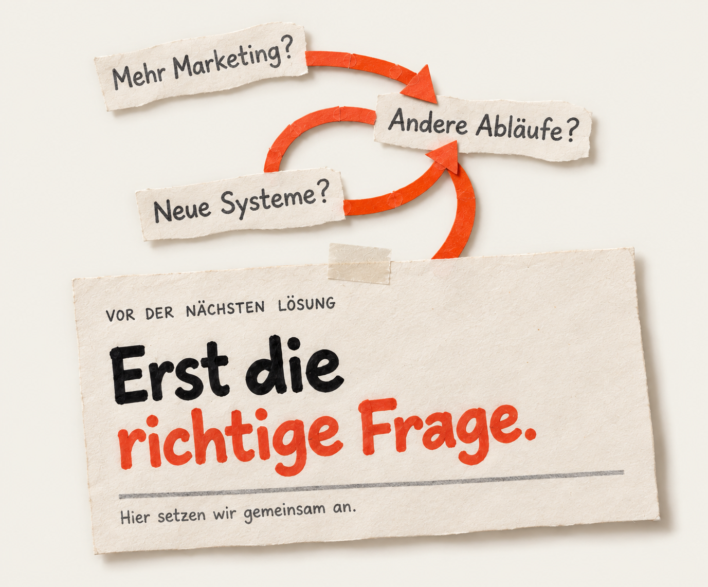 Papiercollage: Mehr Marketing? Andere Abläufe? Neue Systeme? Orange Pfeile führen zur Notiz: Vor der nächsten Lösung – erst die richtige Frage. Hier setzen wir gemeinsam an.